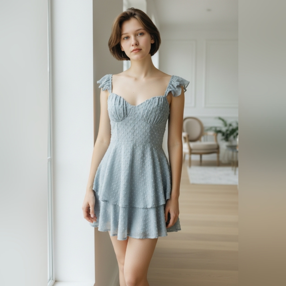 ONE OF THE ONLY COLLECTIVE Elegant Blue Ruffle Dress SIZE M